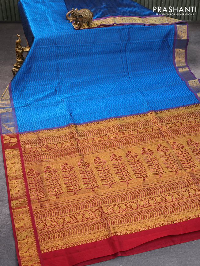 Silk cotton saree blue and maroon with allover self emboss jacquard and floral & paisley zari woven border - {{ collection.title }} by Prashanti Sarees