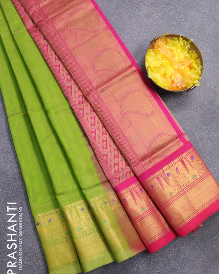 Silk cotton saree green and magenta pink with allover self emboss and annam & temple design zari woven border - {{ collection.title }} by Prashanti Sarees