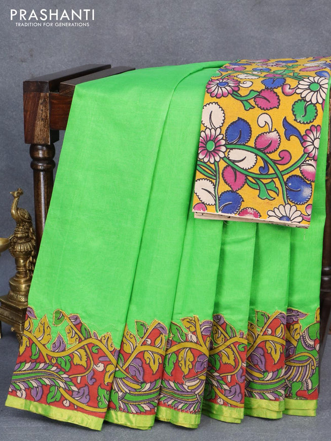 Silk cotton saree light green and with kalamkari applique work and small zari woven piping border and Kalamkari blouse - {{ collection.title }} by Prashanti Sarees