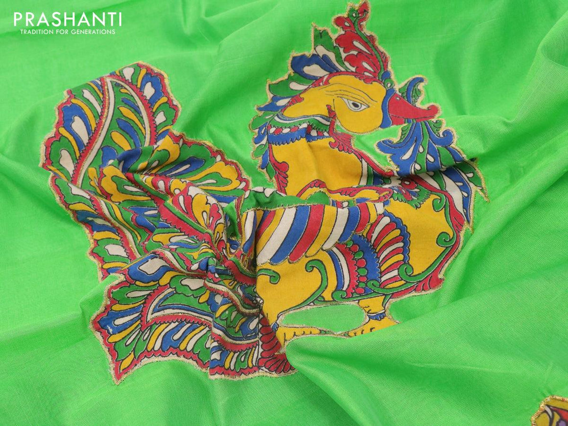 Silk cotton saree light green and with kalamkari applique work and small zari woven piping border and Kalamkari blouse - {{ collection.title }} by Prashanti Sarees