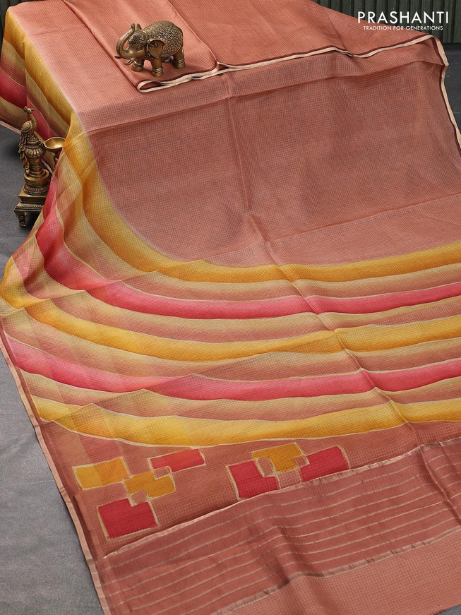 Silk kota saree brown with allover stripes pattern and zari woven piping border - {{ collection.title }} by Prashanti Sarees