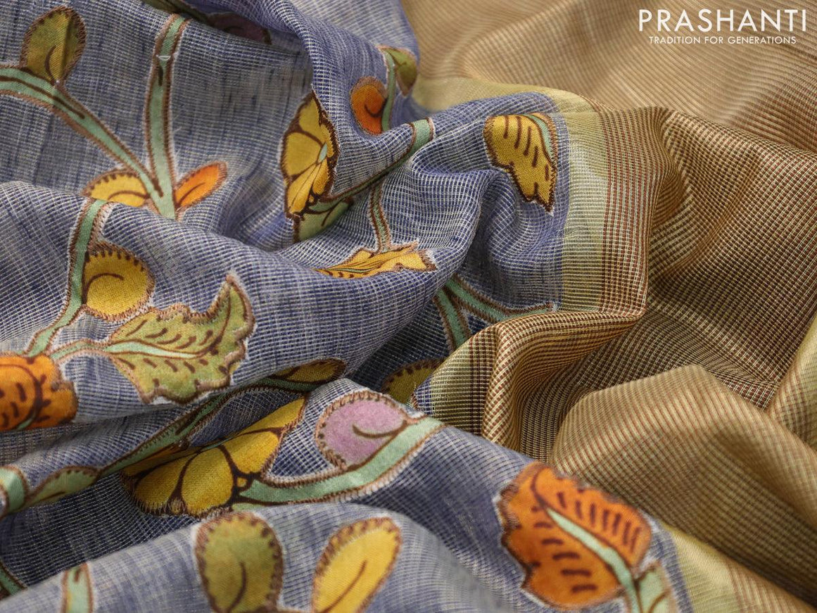 Tissue kota saree blue shade with allover kalamkari applique work and simple zari border - {{ collection.title }} by Prashanti Sarees