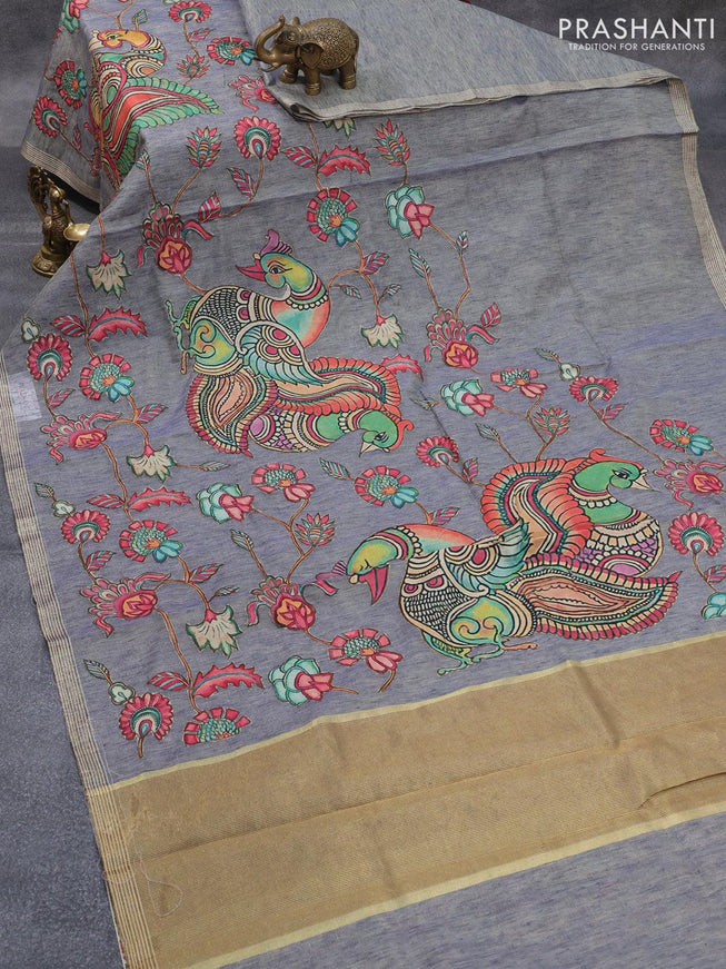 Tissue kota saree grey with allover kalamkari applique work and zari piping border - {{ collection.title }} by Prashanti Sarees