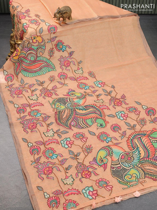 Tissue kota saree pale orange with allover kalamkari applique work and zari piping border - {{ collection.title }} by Prashanti Sarees
