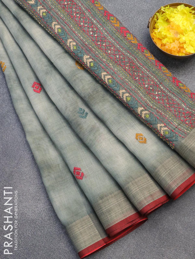 Tissue linen saree grey with thread woven embroidery work buttas and zari woven border - {{ collection.title }} by Prashanti Sarees