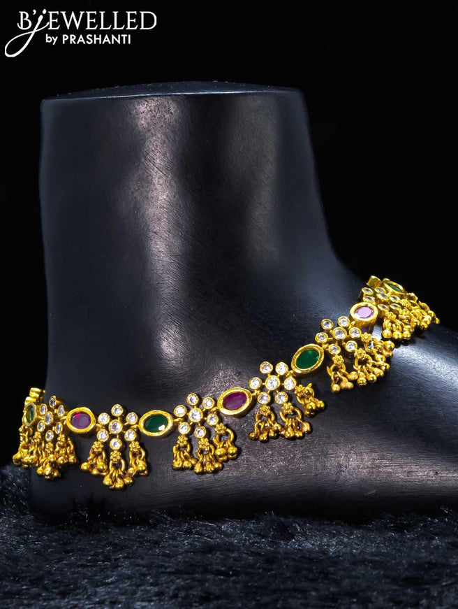 Antique anklet kemp and cz stone with golden beads hanging - {{ collection.title }} by Prashanti Sarees