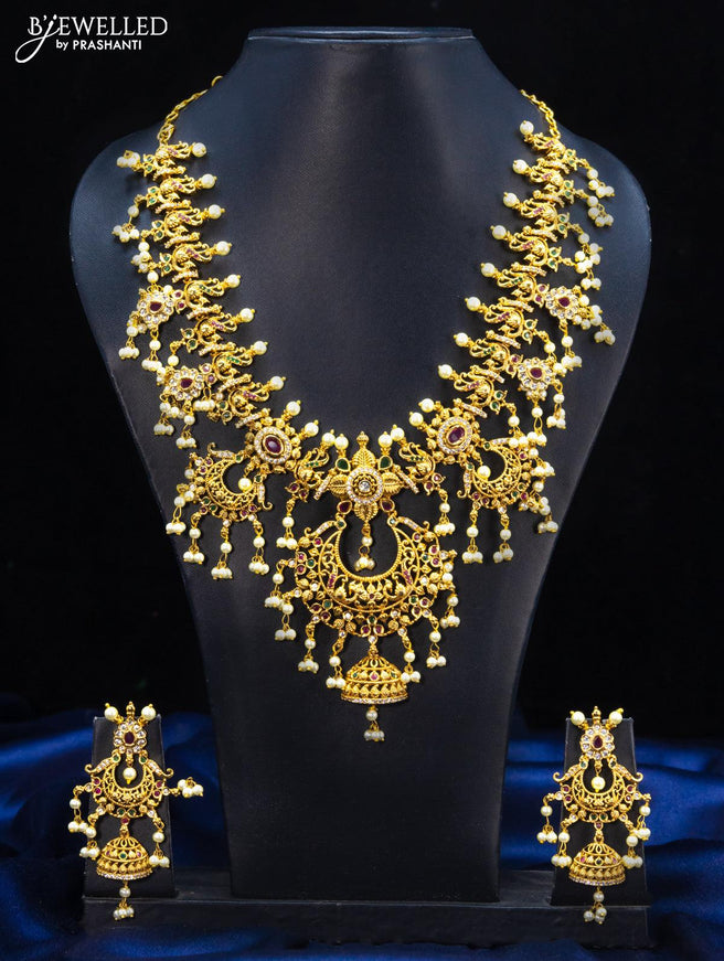 Antique guttapusalu necklace chandbali design kemp and cz stones with pearl hangings - {{ collection.title }} by Prashanti Sarees