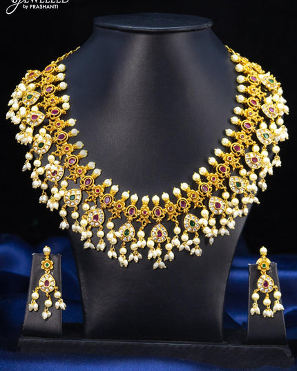 Antique guttapusalu necklace floral design kemp and cz stones with pearl hangings - {{ collection.title }} by Prashanti Sarees