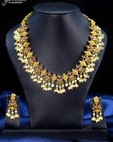 Antique guttapusalu necklace peacock design with pink kemp stone and pearl hangings - {{ collection.title }} by Prashanti Sarees