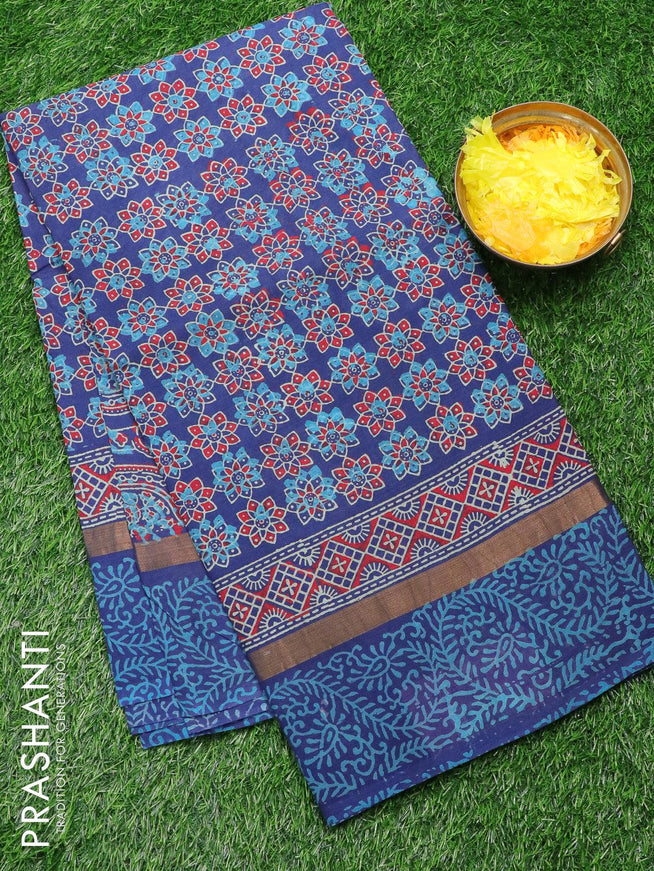 Assam silk saree blue with allover ajrakh prints and zari woven simple border - {{ collection.title }} by Prashanti Sarees
