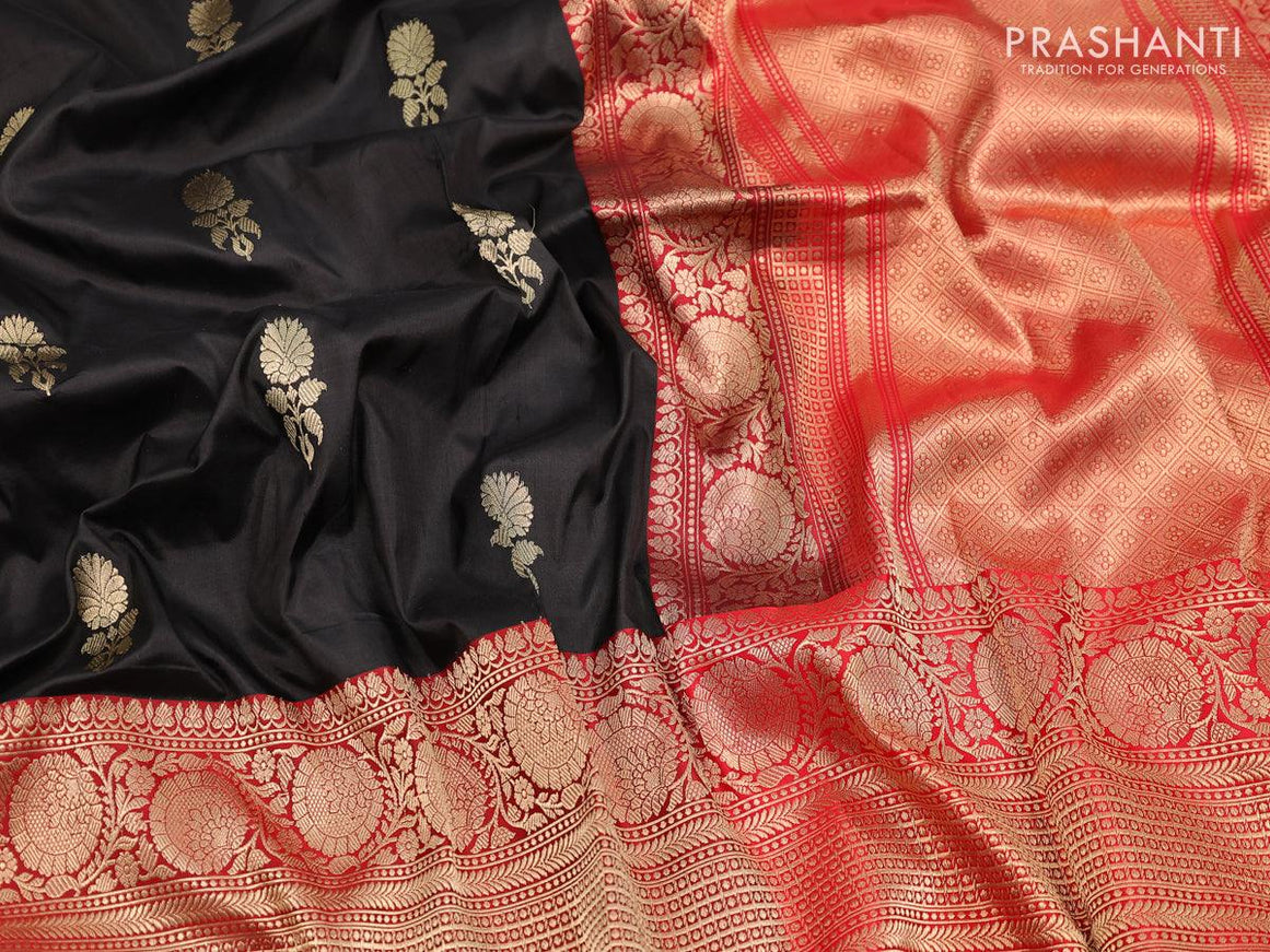 Banarasi katan silk saree black and red with floral zari woven buttas and floral zari woven border - {{ collection.title }} by Prashanti Sarees