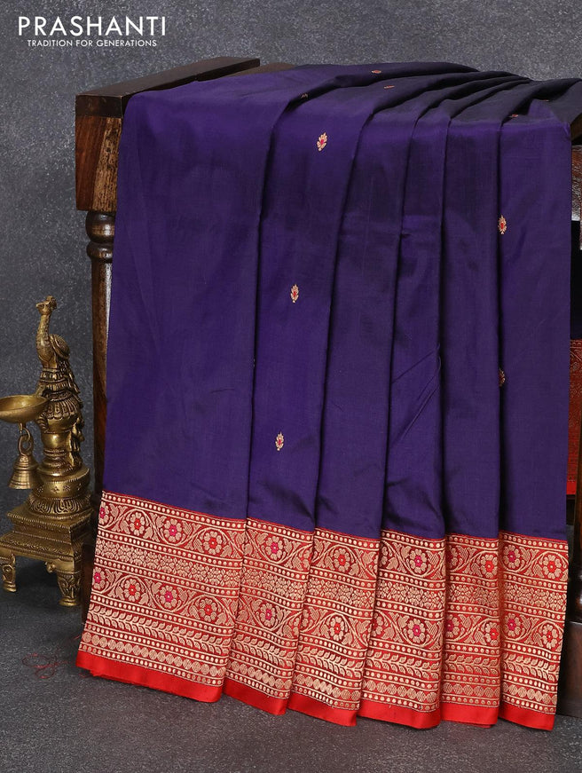 Banarasi katan silk saree blue and red with zari woven buttas and floral design zari woven border - {{ collection.title }} by Prashanti Sarees