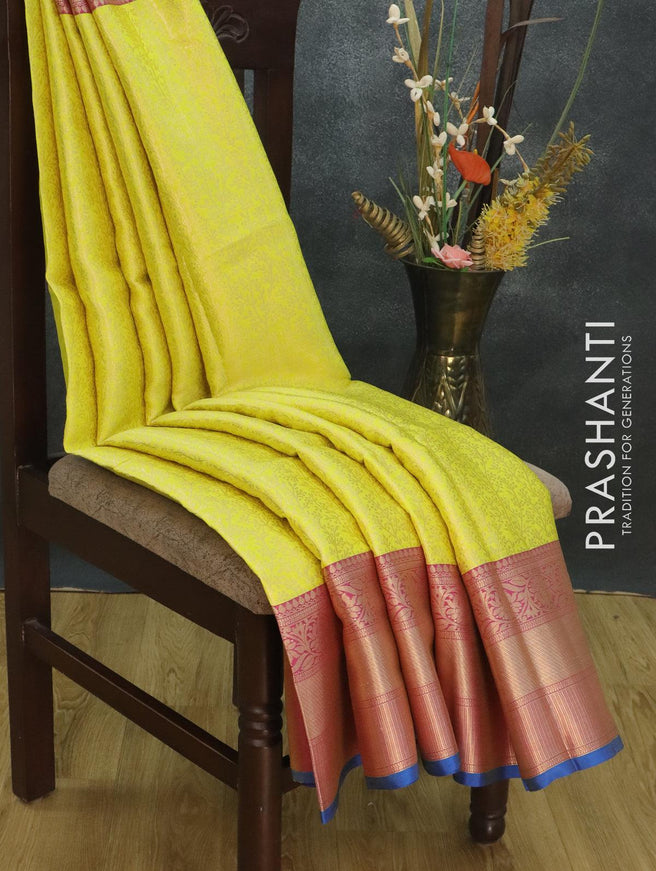 Banarasi kora saree lime yellow and magenta pink with allover zari weaves and long floral zari woven border - {{ collection.title }} by Prashanti Sarees