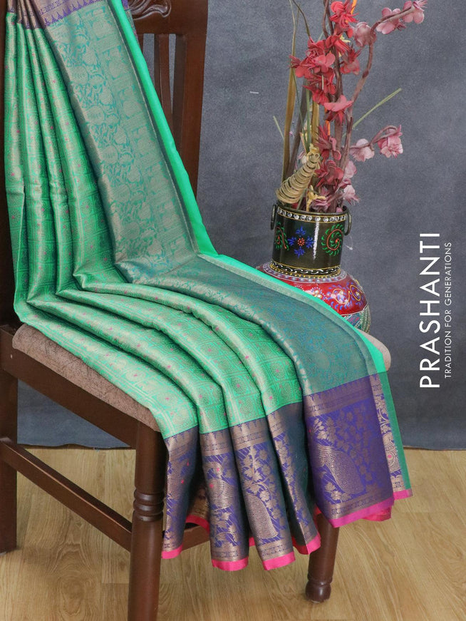Banarasi kora saree teal green and blue with allover zari checks & buttas and peacock zari woven border - {{ collection.title }} by Prashanti Sarees