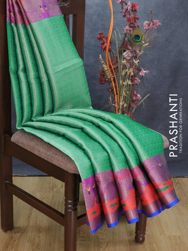 Banarasi kora saree teal green shade and blue with allover zari weaves and zari woven border - {{ collection.title }} by Prashanti Sarees