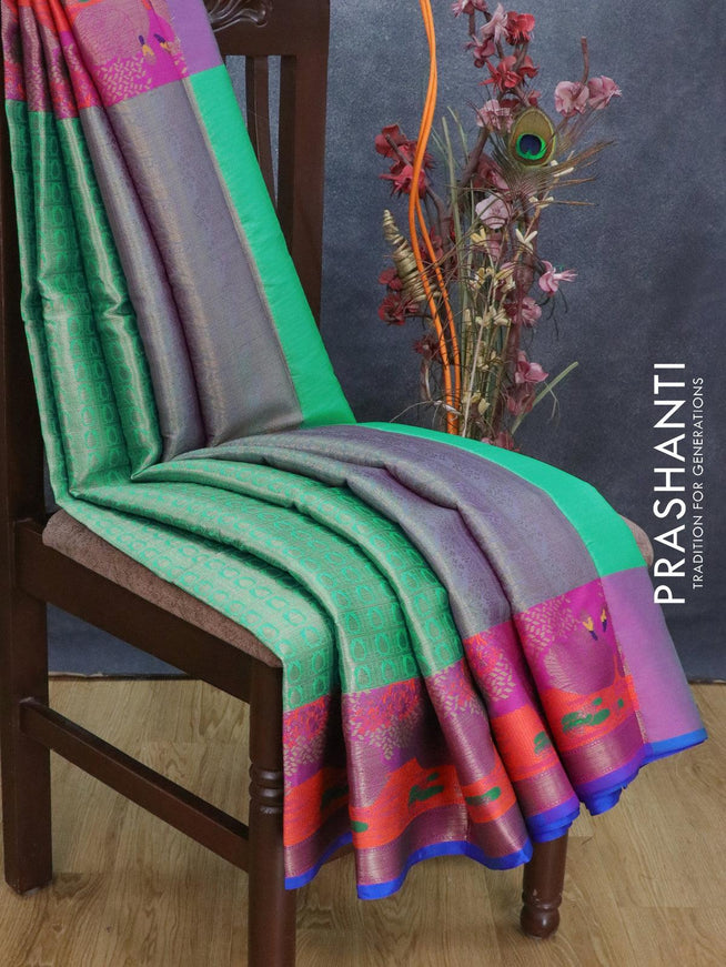 Banarasi kora saree teal green shade and blue with allover zari weaves and zari woven border - {{ collection.title }} by Prashanti Sarees