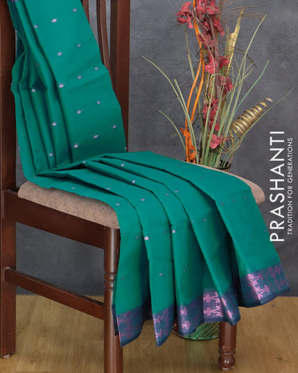 Bengal cotton saree teal green and blue with pink zari woven buttas and pink zari woven border without blouse - {{ collection.title }} by Prashanti Sarees