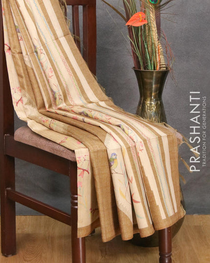 Chappa saree beige and dark olive green with allover zari weave & floral prints and simple border - {{ collection.title }} by Prashanti Sarees