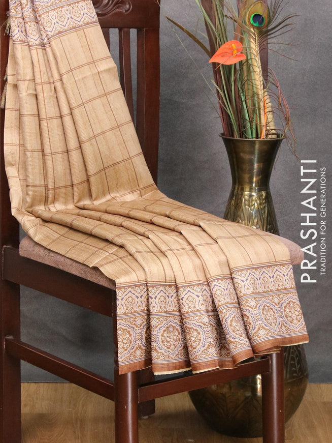 Chappa saree beige and lavender with allover zari weaves & checked pattern and ajrakh printed border - {{ collection.title }} by Prashanti Sarees