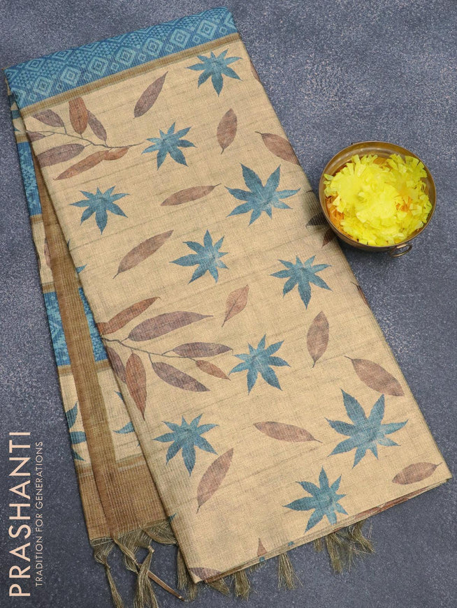 Chappa saree dark sandal and dark mustard shade with allover zari weave & leaf prints and simple border - {{ collection.title }} by Prashanti Sarees