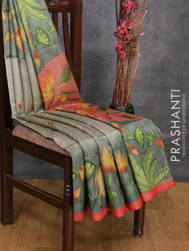Chappa saree grey shade and red shade with allover zari weave & pichwai prints and simple border - {{ collection.title }} by Prashanti Sarees