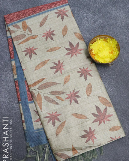 Chappa saree greyish elaichi green and blue with allover zari weave & leaf prints and simple border - {{ collection.title }} by Prashanti Sarees
