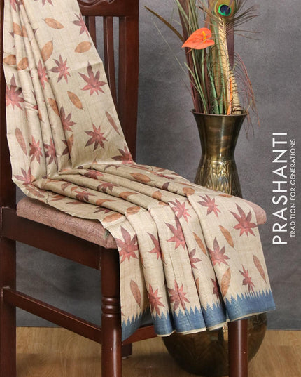 Chappa saree greyish elaichi green and blue with allover zari weave & leaf prints and simple border - {{ collection.title }} by Prashanti Sarees
