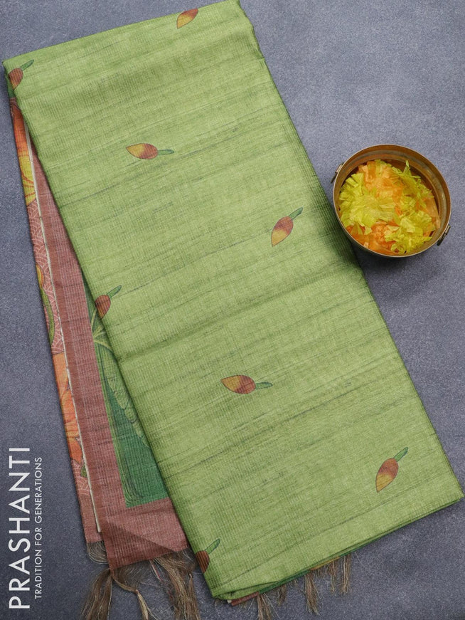 Chappa saree light green and brown shade with allover zari weave & pichwai prints and simple border - {{ collection.title }} by Prashanti Sarees