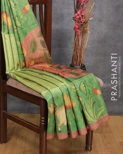 Chappa saree light green and brown shade with allover zari weave & pichwai prints and simple border - {{ collection.title }} by Prashanti Sarees