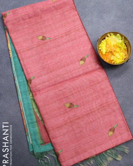 Chappa saree pink shade and teal green with allover zari weave & pichwai prints and simple border - {{ collection.title }} by Prashanti Sarees