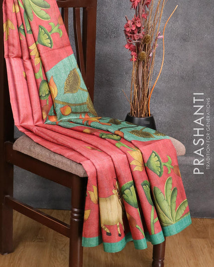 Chappa saree pink shade and teal green with allover zari weave & pichwai prints and simple border - {{ collection.title }} by Prashanti Sarees
