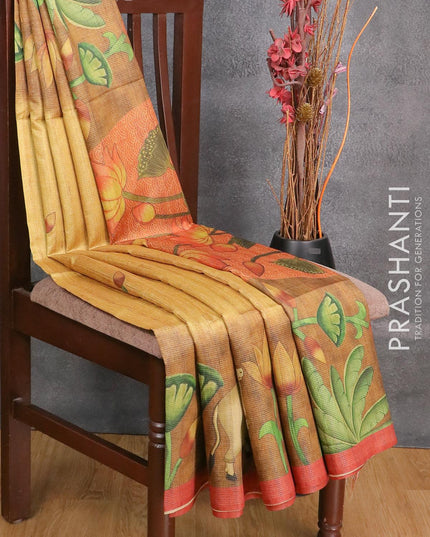 Chappa saree yellow shade and rust shade with allover zari weave & pichwai prints and simple border - {{ collection.title }} by Prashanti Sarees