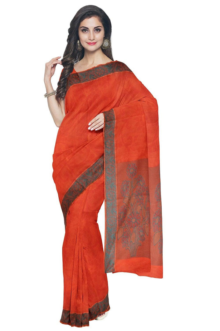 Coimbatore Cotton Emboss Saree - Dark Orange - {{ collection.title }} by Prashanti Sarees