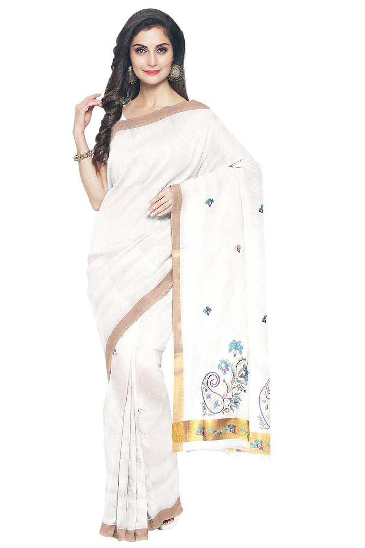 Coimbatore Cotton Kerala Kasavu Saree - Half White - {{ collection.title }} by Prashanti Sarees
