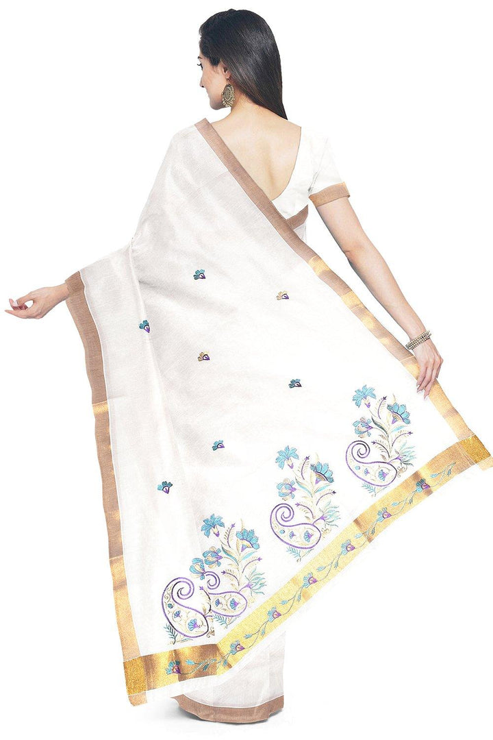 Coimbatore Cotton Kerala Kasavu Saree - Half White - {{ collection.title }} by Prashanti Sarees