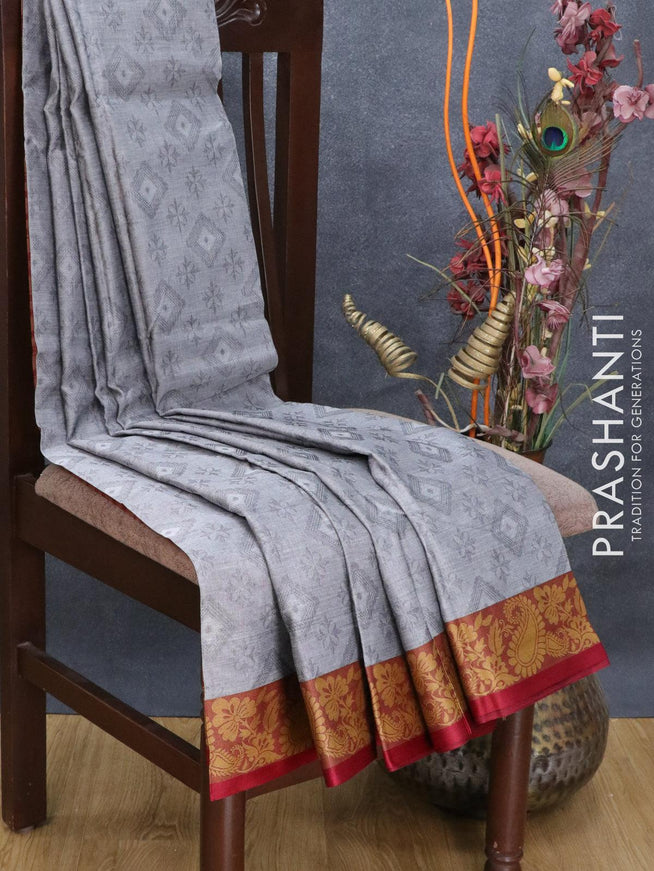 Dhakai cotton saree grey and maroon with allover self emboss and thread woven border - {{ collection.title }} by Prashanti Sarees