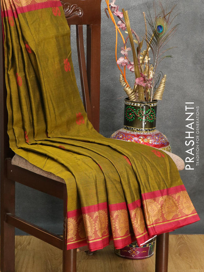 Dhakai cotton saree mehendi green and maroon with thread woven buttas and thread woven border - {{ collection.title }} by Prashanti Sarees