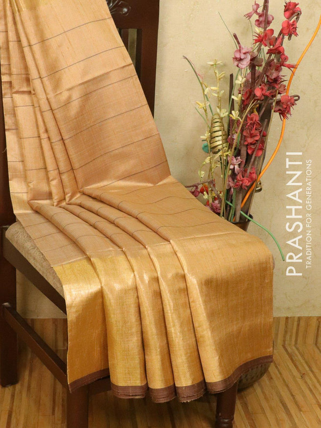 Dupion silk saree beige with allover stripes pattern and long zari woven border - {{ collection.title }} by Prashanti Sarees