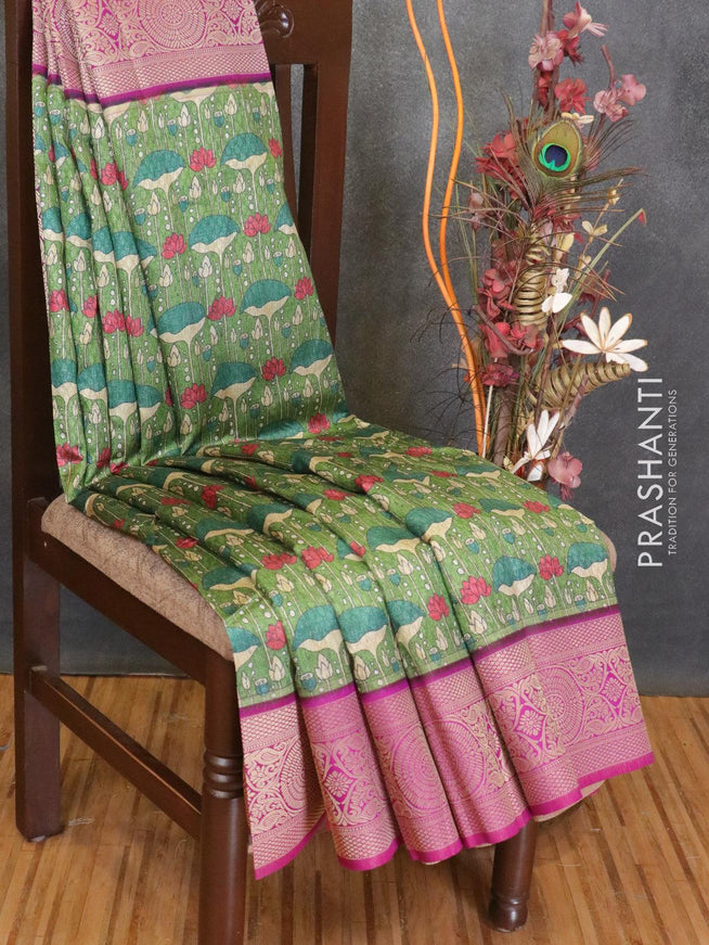Malai silk saree green and purple with allover self emboss prints and zari woven border - {{ collection.title }} by Prashanti Sarees