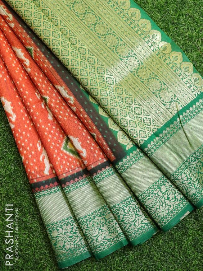 Malai silk saree orange and green with allover self emboss ikat prints and zari woven border - {{ collection.title }} by Prashanti Sarees