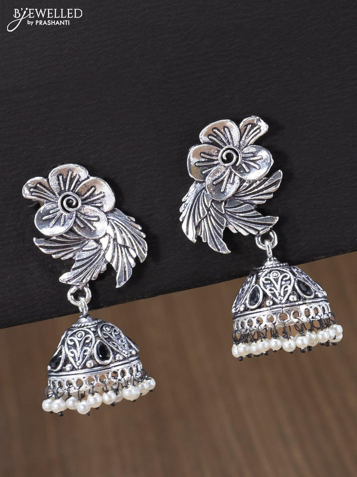 Oxidised jhumka floral & leaf design with black stones and pearl hangings - {{ collection.title }} by Prashanti Sarees