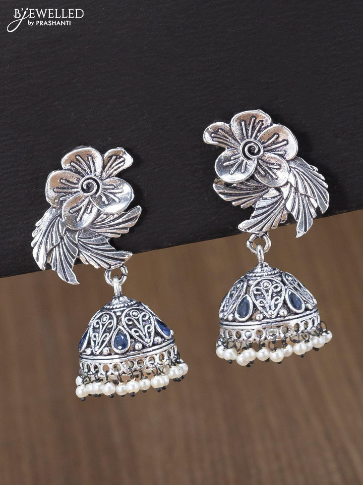 Oxidised jhumka floral & leaf design with sapphire stones and pearl hangings - {{ collection.title }} by Prashanti Sarees