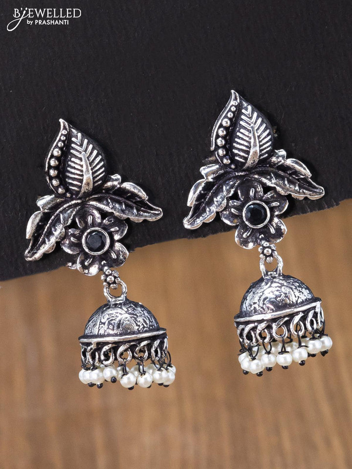 Oxidised jhumka floral & leaf design with sapphire stones and pearl hangings - {{ collection.title }} by Prashanti Sarees