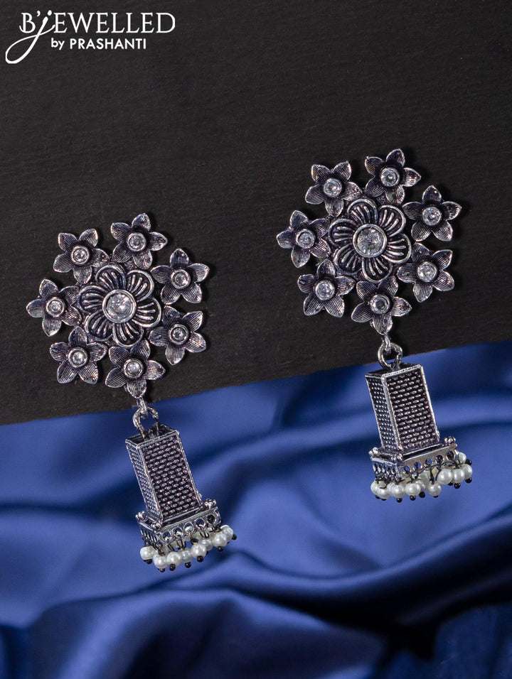 Oxidised jhumkas floral design with cz stones - {{ collection.title }} by Prashanti Sarees