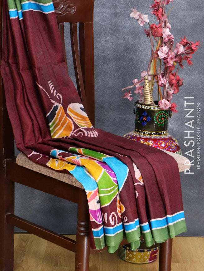 Printed silk saree maroon and green with musical instruments prints and simple border - {{ collection.title }} by Prashanti Sarees