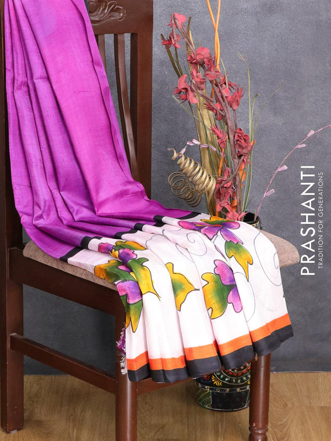 Printed silk saree purple and off white with plain body and printed border - {{ collection.title }} by Prashanti Sarees