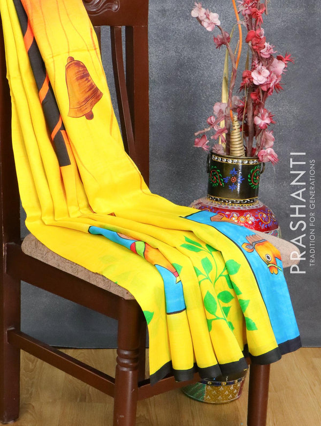 Printed silk saree yellow and black with allover prints and simple border - {{ collection.title }} by Prashanti Sarees