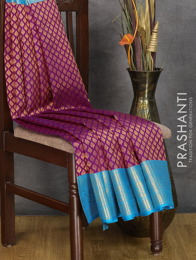 Pure kanjivaram silk saree purple and blue with allover zari woven brocade weaves and rich zari woven paisley border and Embroidery work blouse - {{ collection.title }} by Prashanti Sarees