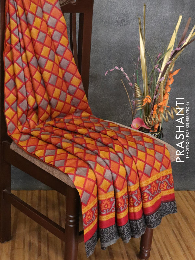 Pure Pashmina saree multi colour and red with geomatric prints and woven border - {{ collection.title }} by Prashanti Sarees