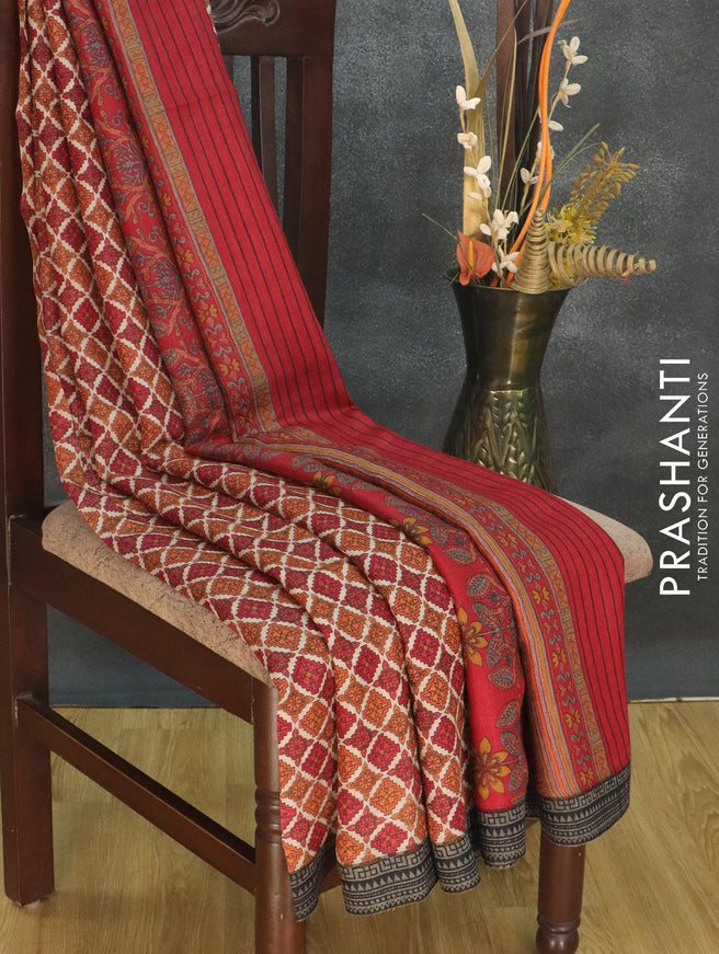 Pure Pashmina silk saree cream red and black with allover prints and woven border - {{ collection.title }} by Prashanti Sarees